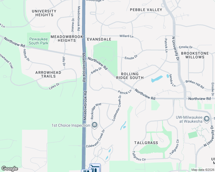 map of restaurants, bars, coffee shops, grocery stores, and more near 1928 Patrick Lane in Waukesha