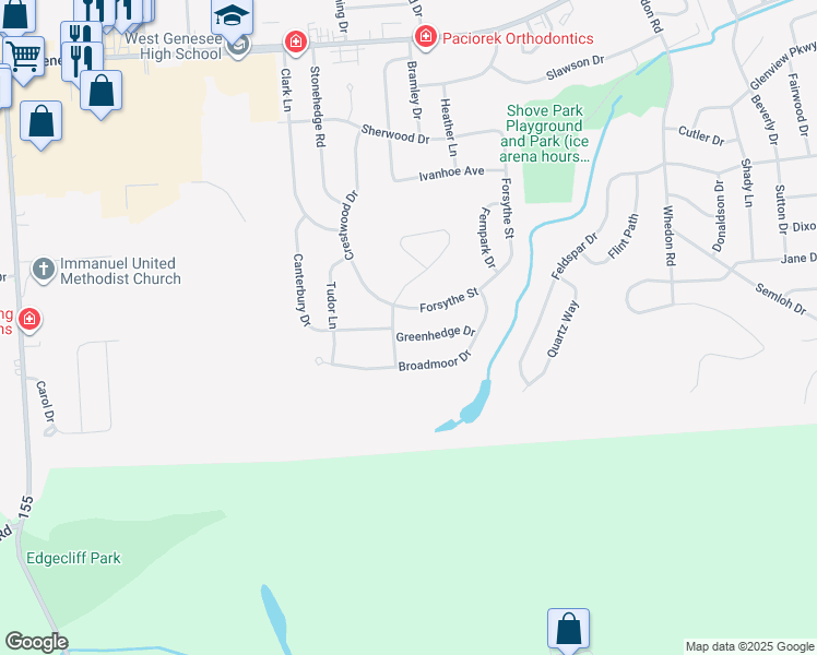 map of restaurants, bars, coffee shops, grocery stores, and more near 114 Greenhedge Drive in Camillus