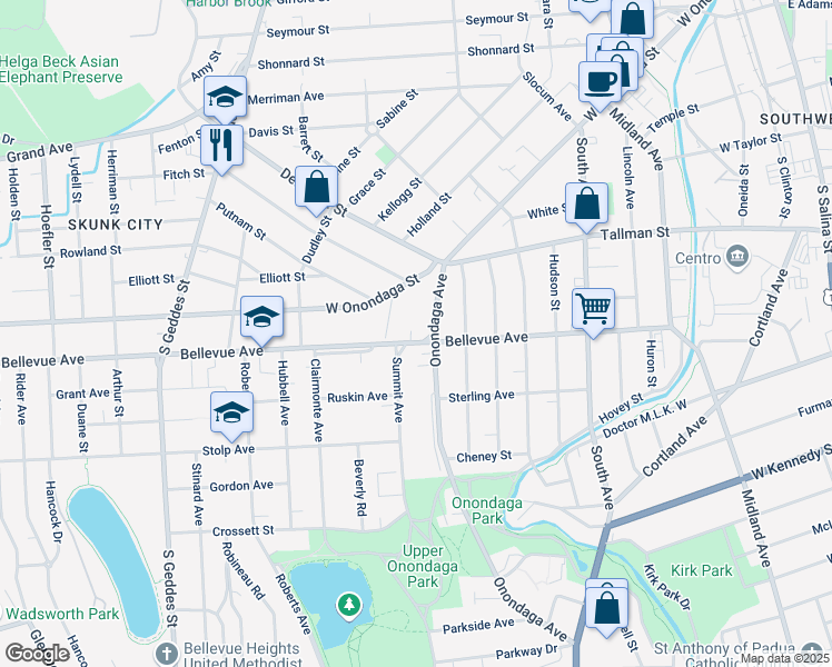 map of restaurants, bars, coffee shops, grocery stores, and more near 806 Bellevue Avenue in Syracuse