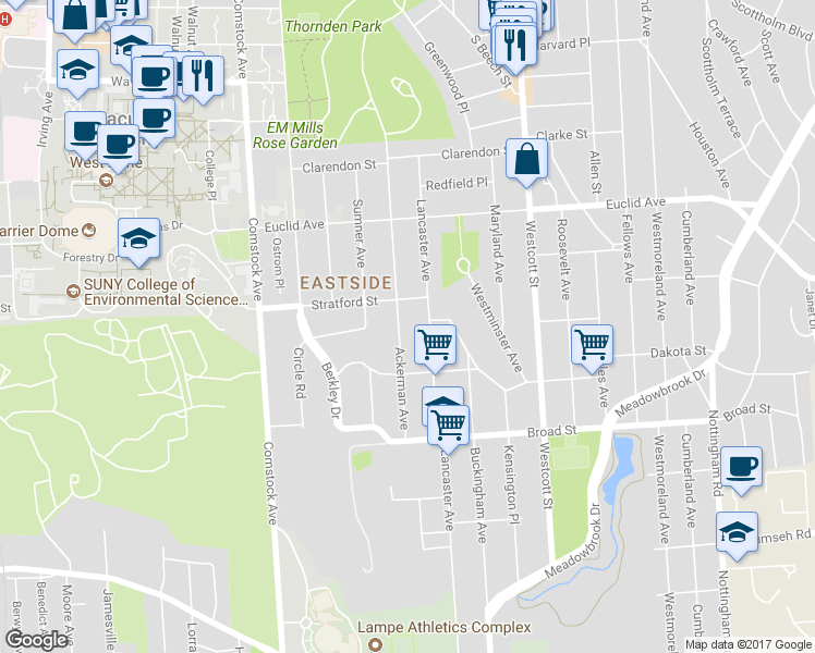 map of restaurants, bars, coffee shops, grocery stores, and more near 925-27 Ackerman Avenue in Syracuse