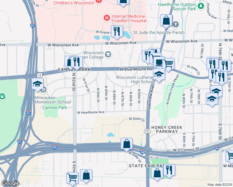 map of restaurants, bars, coffee shops, grocery stores, and more near 184 North 88th Street in Wauwatosa