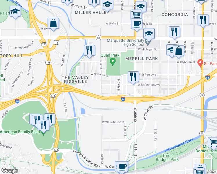 map of restaurants, bars, coffee shops, grocery stores, and more near 233 North 38th Street in Milwaukee