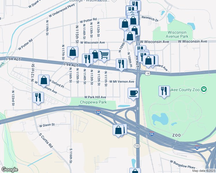 map of restaurants, bars, coffee shops, grocery stores, and more near 250 North 111th Street in Wauwatosa