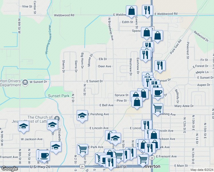 map of restaurants, bars, coffee shops, grocery stores, and more near 839 Rainbow Drive in Riverton
