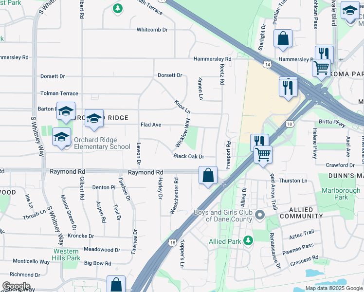 map of restaurants, bars, coffee shops, grocery stores, and more near 1721 Wicklow Way in Madison