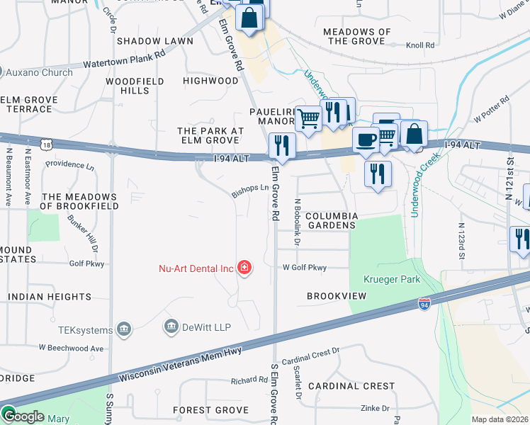 map of restaurants, bars, coffee shops, grocery stores, and more near 345 Elm Grove Road in Brookfield