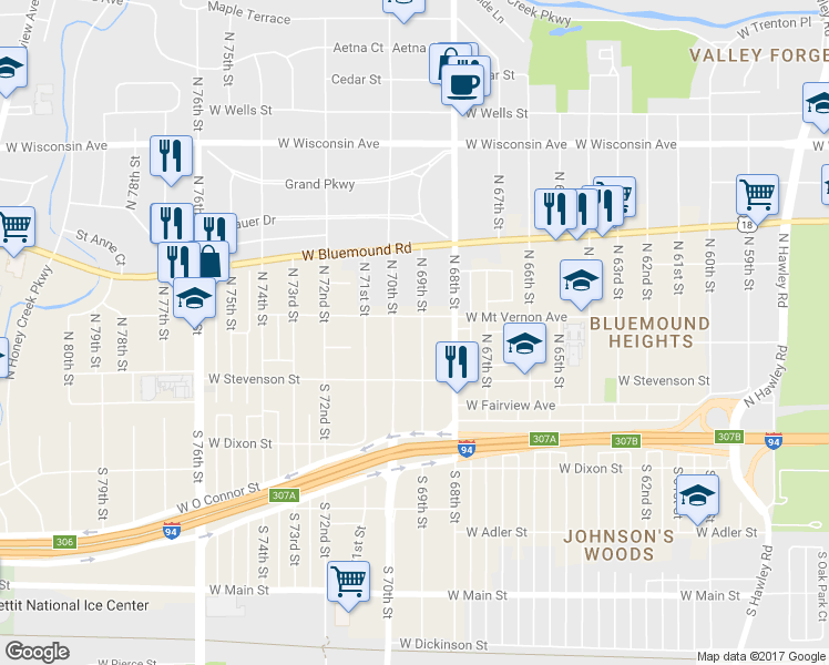 map of restaurants, bars, coffee shops, grocery stores, and more near 215 North 69th Street in Milwaukee