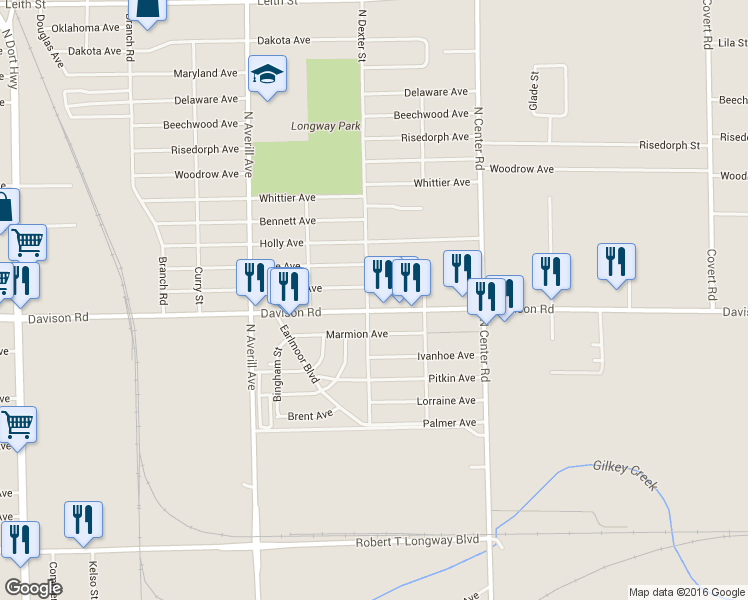 map of restaurants, bars, coffee shops, grocery stores, and more near 3707 Davison Road in Flint