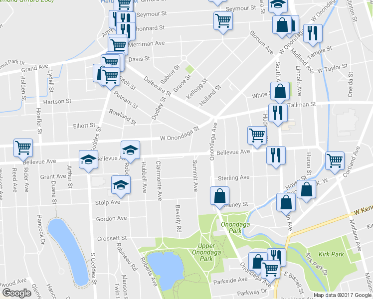 map of restaurants, bars, coffee shops, grocery stores, and more near 120 Malcolm Street in Syracuse