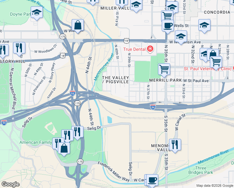 map of restaurants, bars, coffee shops, grocery stores, and more near 219 North 40th Street in Milwaukee