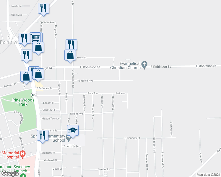 map of restaurants, bars, coffee shops, grocery stores, and more near 790 Park Avenue in North Tonawanda