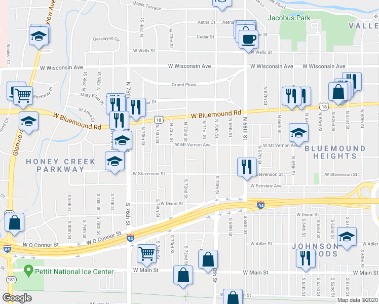 map of restaurants, bars, coffee shops, grocery stores, and more near 218 North 72nd Street in Milwaukee