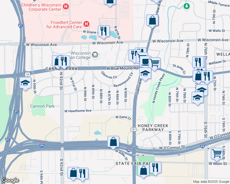 map of restaurants, bars, coffee shops, grocery stores, and more near 185 North 86th Street in Wauwatosa