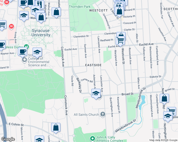 map of restaurants, bars, coffee shops, grocery stores, and more near 122 Dorset Road in Syracuse
