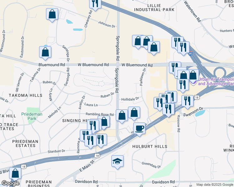 map of restaurants, bars, coffee shops, grocery stores, and more near 2138 Ruben Drive in Waukesha