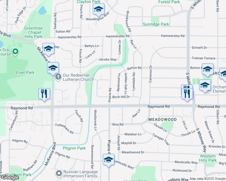 map of restaurants, bars, coffee shops, grocery stores, and more near 1801 Prairie Road in Madison