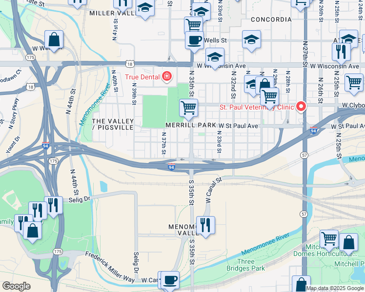 map of restaurants, bars, coffee shops, grocery stores, and more near 234A North 36th Street in Milwaukee