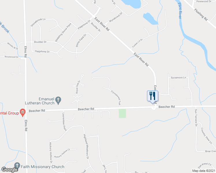 map of restaurants, bars, coffee shops, grocery stores, and more near 2096 Crystalwood Trail in Flushing