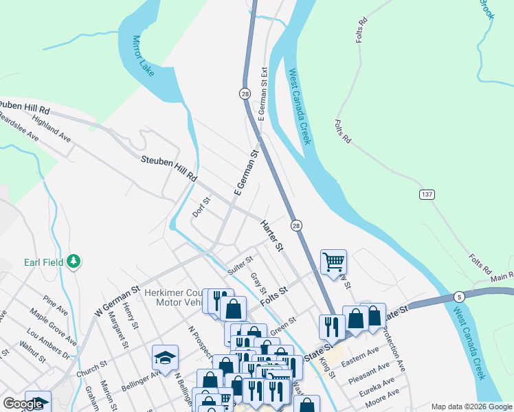 map of restaurants, bars, coffee shops, grocery stores, and more near 404 Lansing Street in Herkimer