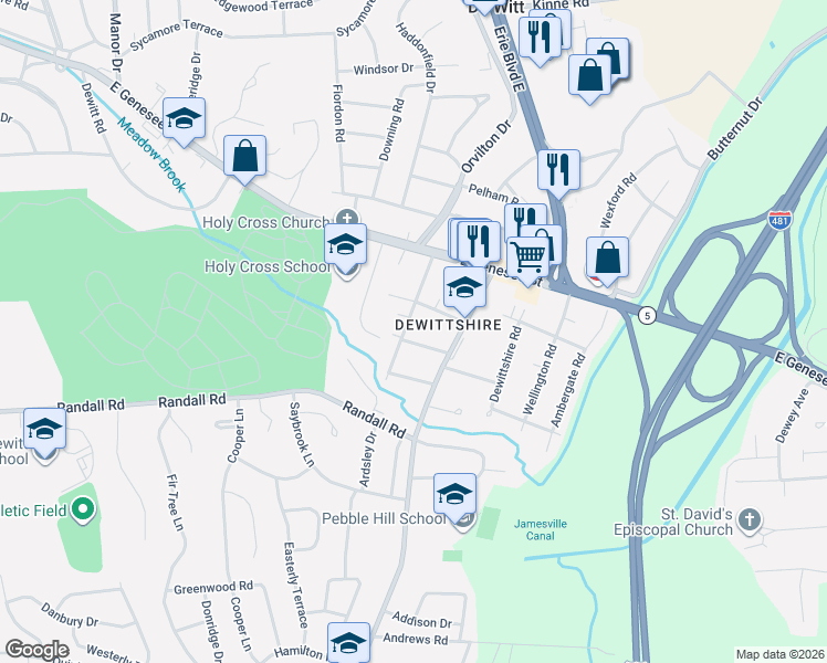 map of restaurants, bars, coffee shops, grocery stores, and more near 209 Cornwall Drive in Syracuse