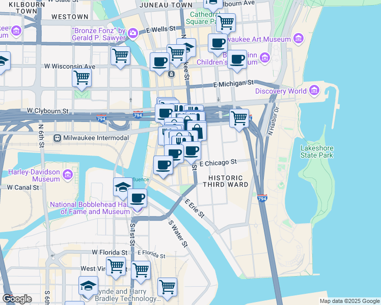 map of restaurants, bars, coffee shops, grocery stores, and more near 233 North Milwaukee Street in Milwaukee