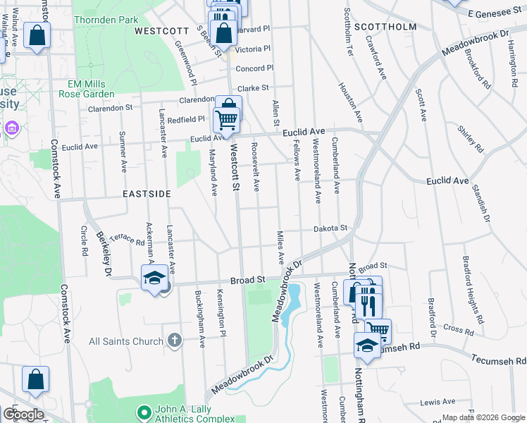 map of restaurants, bars, coffee shops, grocery stores, and more near 301 Roosevelt Avenue in Syracuse
