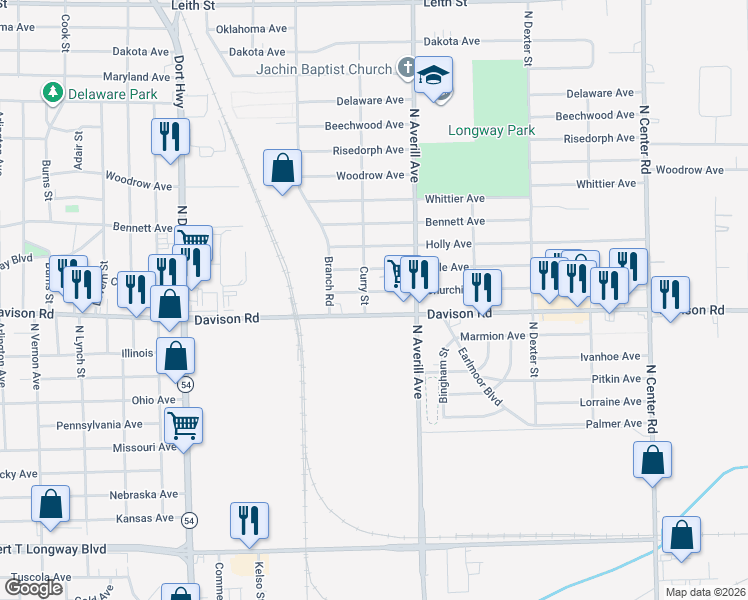 map of restaurants, bars, coffee shops, grocery stores, and more near 3202 Churchill Avenue in Flint
