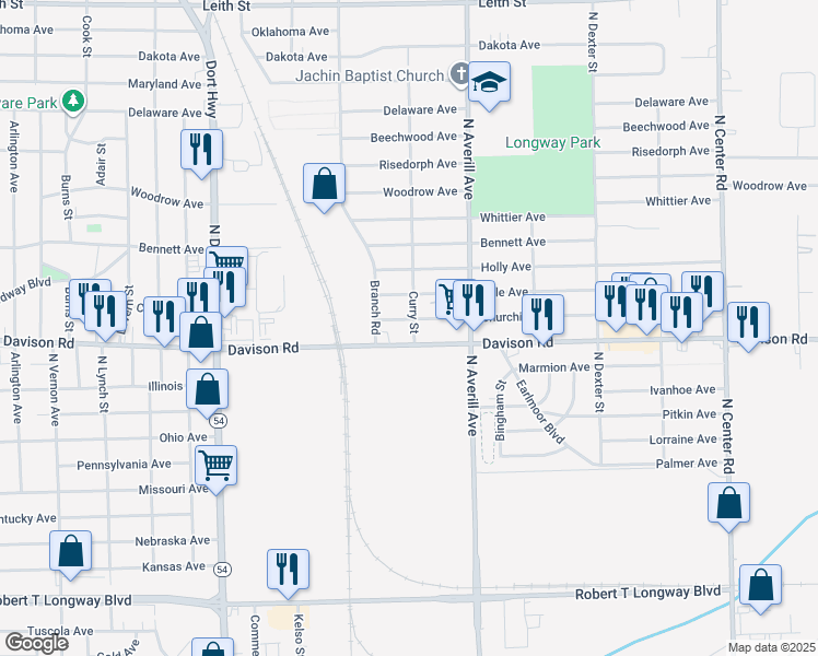 map of restaurants, bars, coffee shops, grocery stores, and more near 3202 Churchill Avenue in Flint