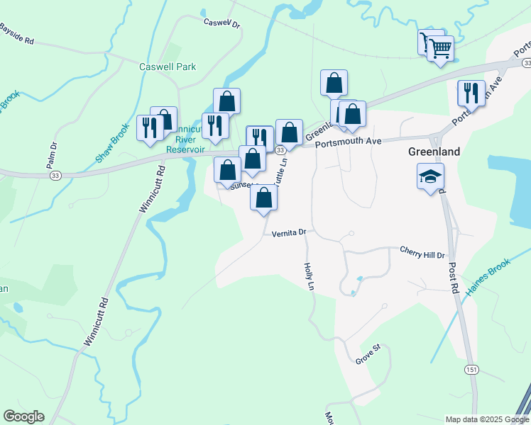 map of restaurants, bars, coffee shops, grocery stores, and more near 54 Tuttle Lane in Greenland