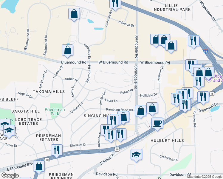 map of restaurants, bars, coffee shops, grocery stores, and more near 2008 Ruben Drive in Waukesha