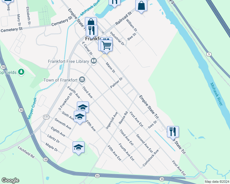 map of restaurants, bars, coffee shops, grocery stores, and more near 307 First Avenue in Frankfort