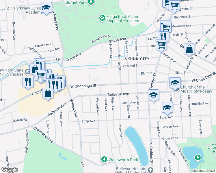 map of restaurants, bars, coffee shops, grocery stores, and more near 1661 West Onondaga Street in Syracuse