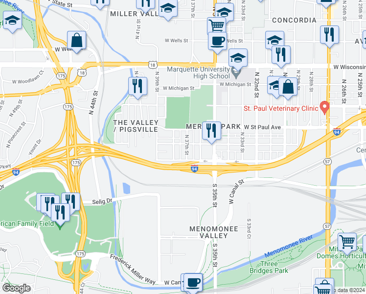 map of restaurants, bars, coffee shops, grocery stores, and more near 234 North 37th Street in Milwaukee