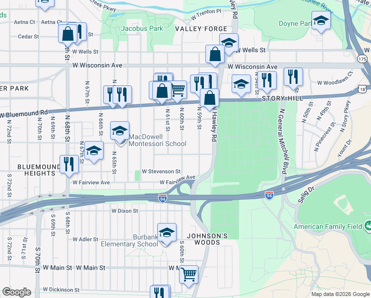 map of restaurants, bars, coffee shops, grocery stores, and more near 5926 West Park Hill Avenue in Milwaukee