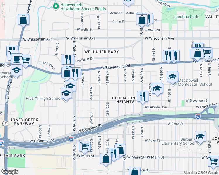 map of restaurants, bars, coffee shops, grocery stores, and more near 218 North 72nd Street in Milwaukee