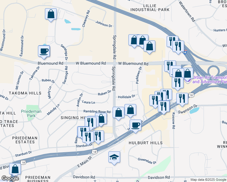 map of restaurants, bars, coffee shops, grocery stores, and more near 2138 Ruben Drive in Waukesha