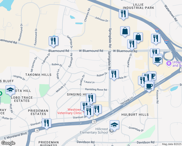 map of restaurants, bars, coffee shops, grocery stores, and more near 2008 Ruben Drive in Waukesha