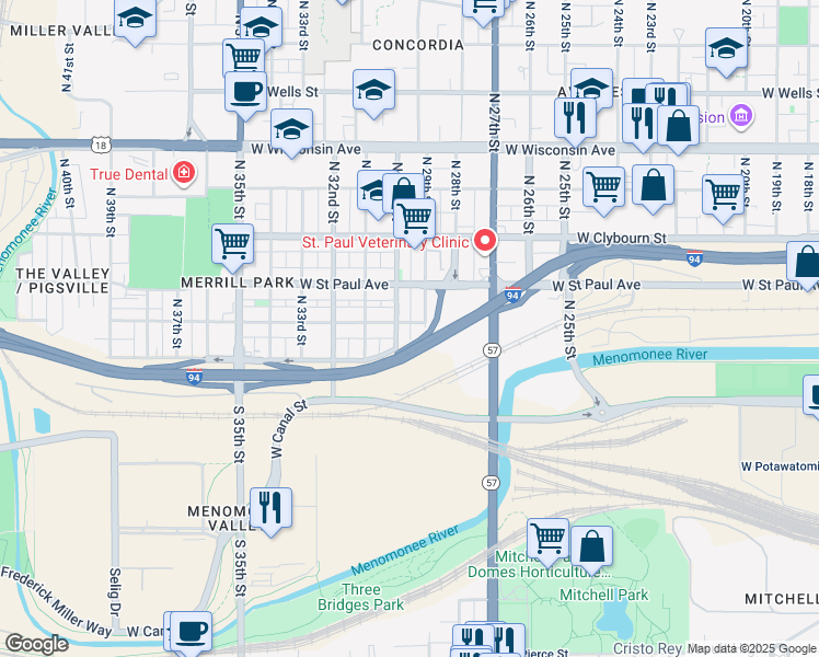 map of restaurants, bars, coffee shops, grocery stores, and more near 2917A West Mount Vernon Avenue in Milwaukee