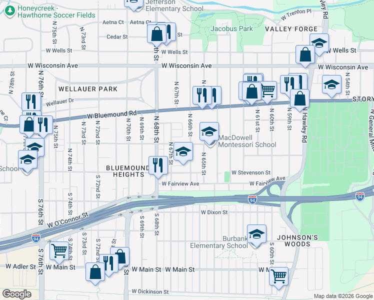 map of restaurants, bars, coffee shops, grocery stores, and more near 217 North 66th Street in Milwaukee