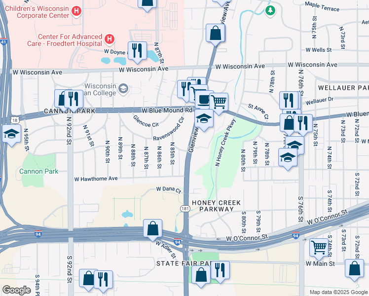 map of restaurants, bars, coffee shops, grocery stores, and more near 205 Glenview Avenue in Wauwatosa
