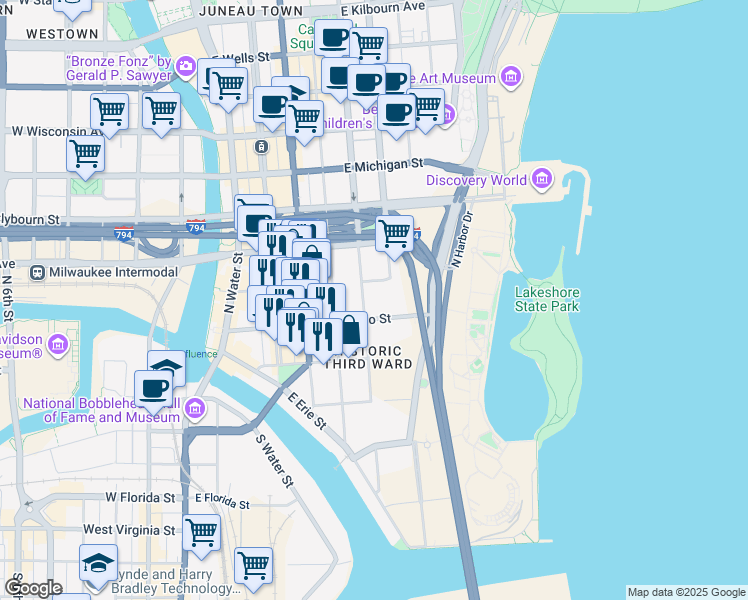 map of restaurants, bars, coffee shops, grocery stores, and more near 232 N Jackson St in Milwaukee