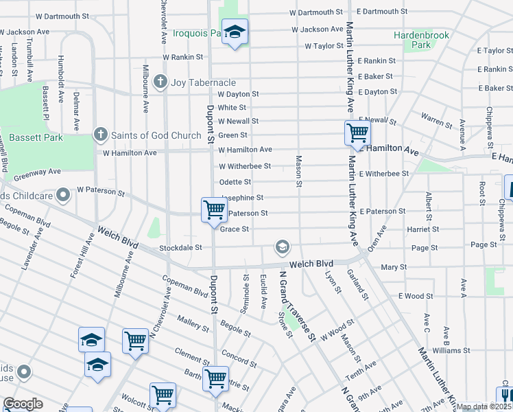 map of restaurants, bars, coffee shops, grocery stores, and more near 426 West Paterson Street in Flint