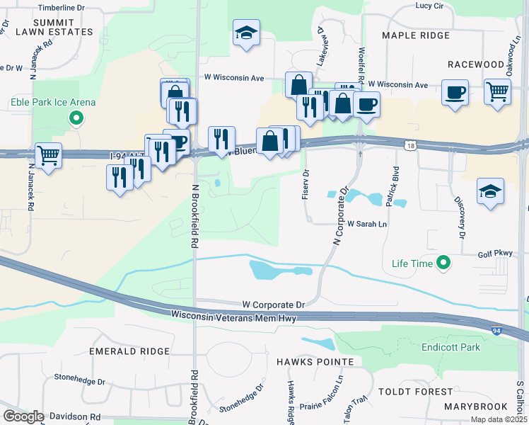 map of restaurants, bars, coffee shops, grocery stores, and more near 18571 Follett Drive in Brookfield