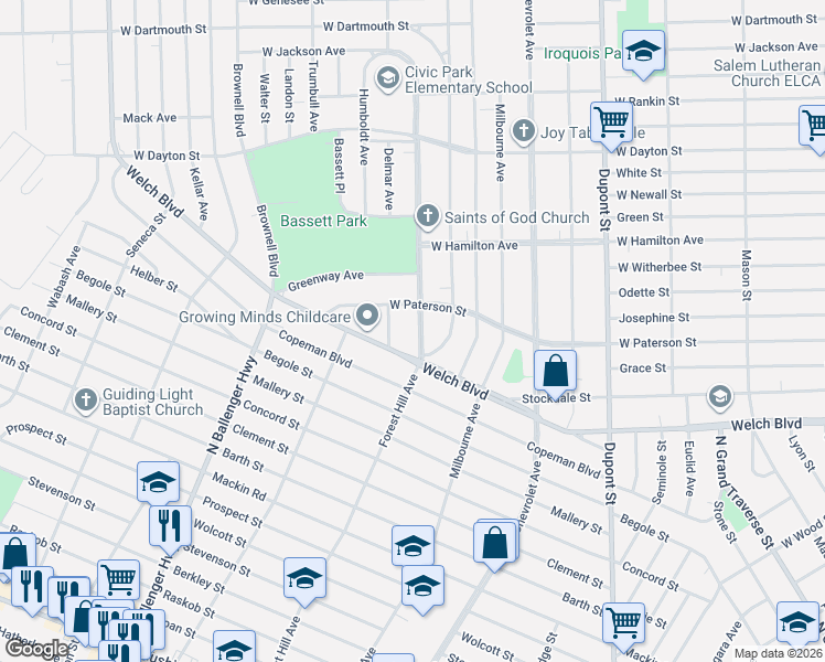 map of restaurants, bars, coffee shops, grocery stores, and more near 1909 Forest Hill Avenue in Flint