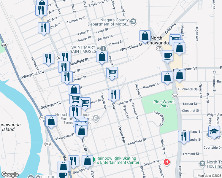 map of restaurants, bars, coffee shops, grocery stores, and more near 365 Payne Avenue in North Tonawanda