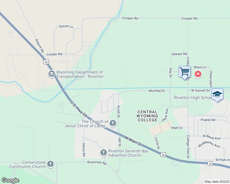 map of restaurants, bars, coffee shops, grocery stores, and more near 2905 College Hill Drive in Riverton