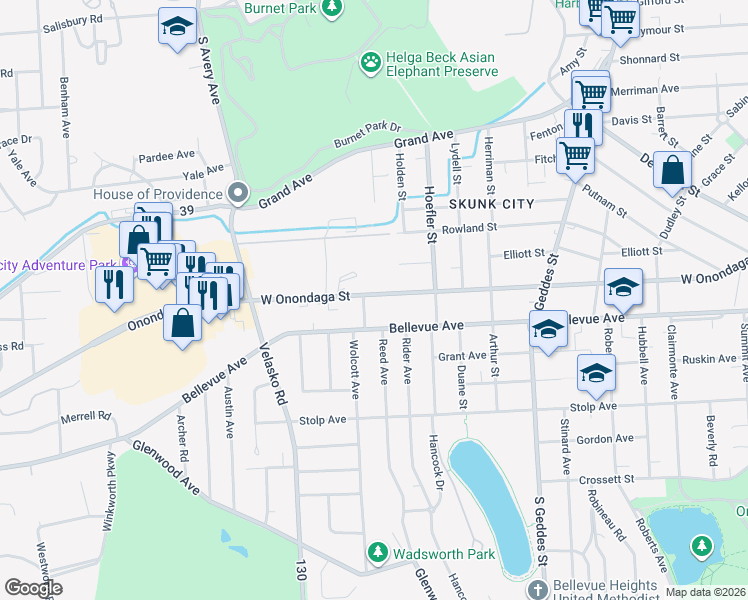 map of restaurants, bars, coffee shops, grocery stores, and more near 1661 West Onondaga Street in Syracuse