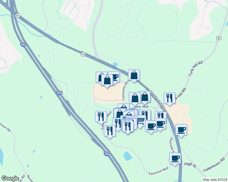 map of restaurants, bars, coffee shops, grocery stores, and more near 7500 Commons Boulevard in Victor