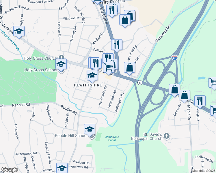 map of restaurants, bars, coffee shops, grocery stores, and more near 101 Dewittshire Road in Syracuse