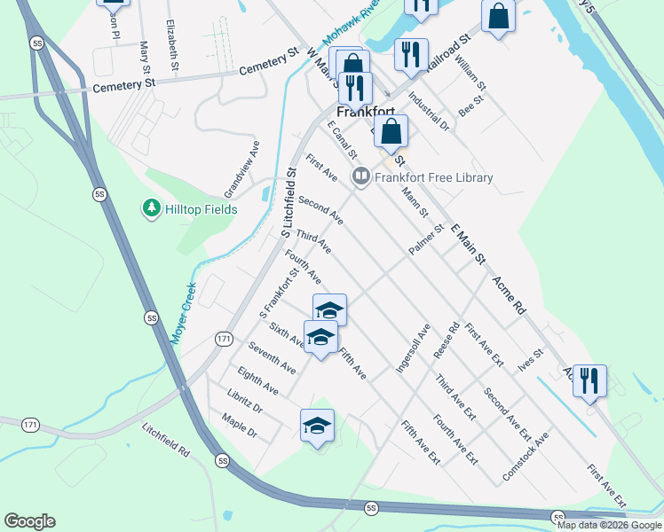 map of restaurants, bars, coffee shops, grocery stores, and more near 212 Third Avenue in Frankfort